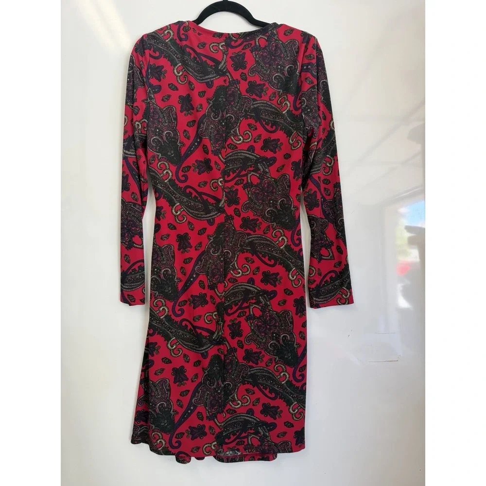 Ralph Lauren Timeless Sophisticated Paisley Twist-Front Red Blck Sheath Dress 10